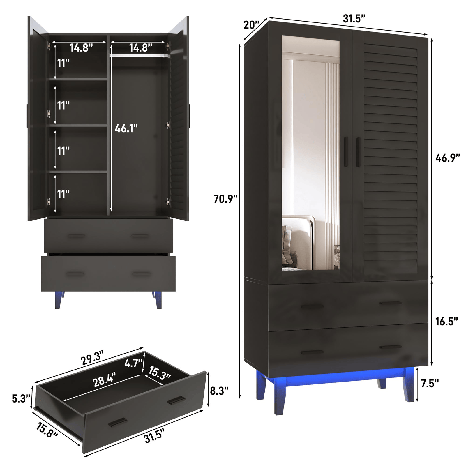 2/ 3/ 4 Doors Armoire Wardrobe Closet Freestanding