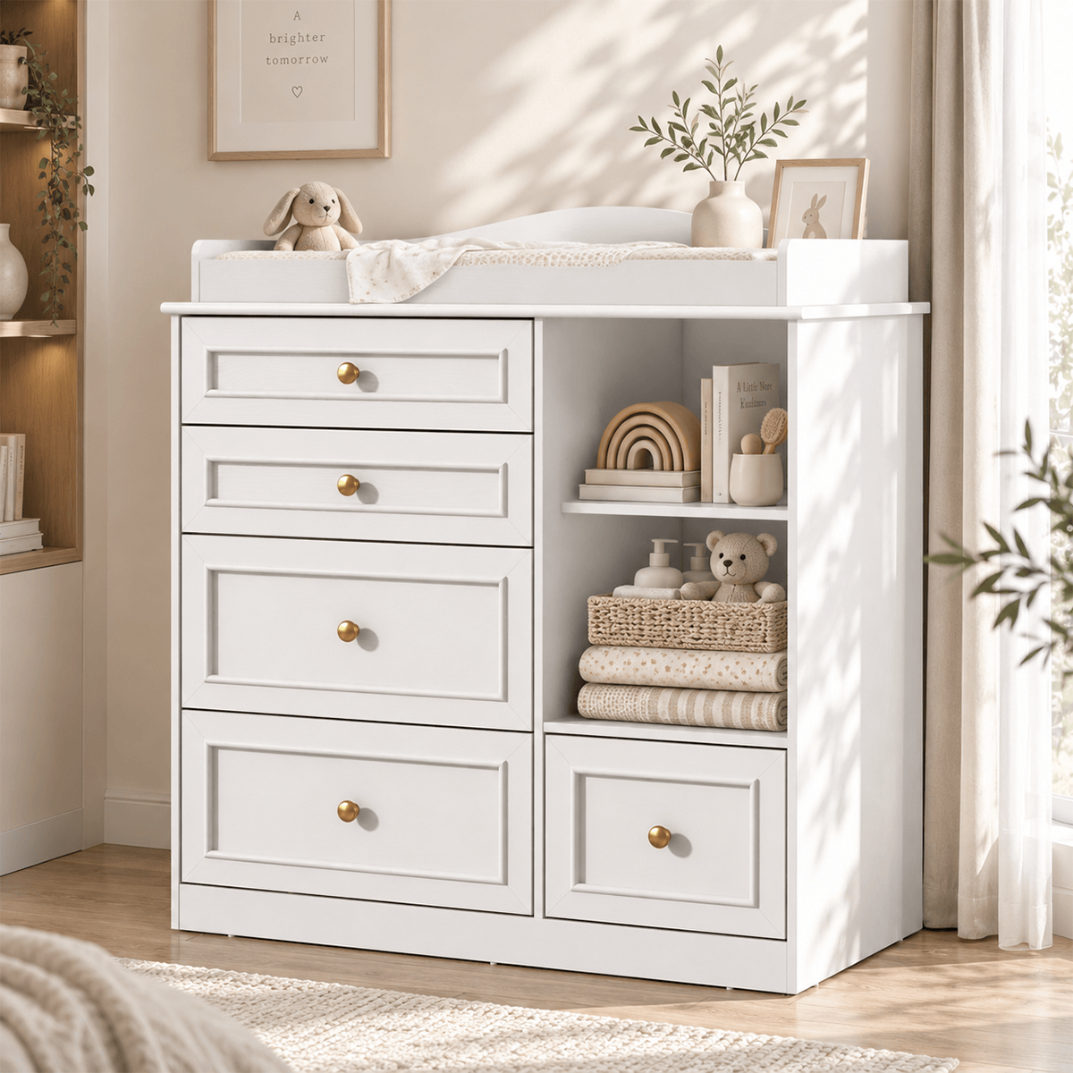 Natural Oak Finish Nursery Changing Table Dresser with 5 Drawers