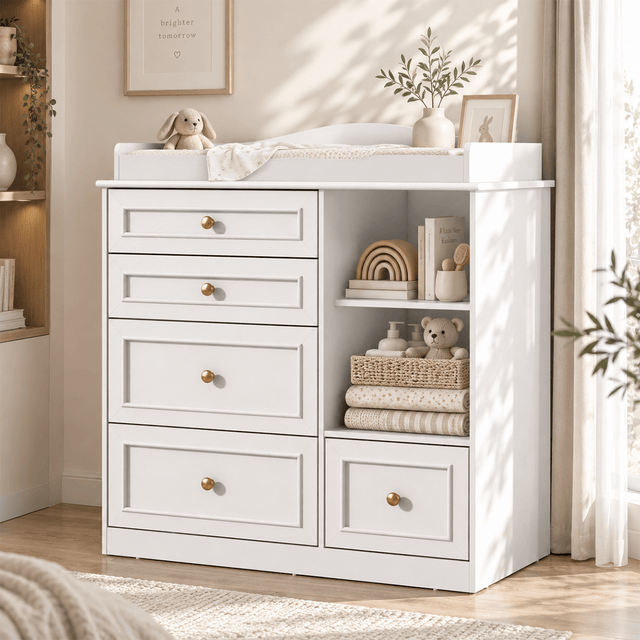 Natural Oak Finish Nursery Changing Table Dresser with 5 Drawers