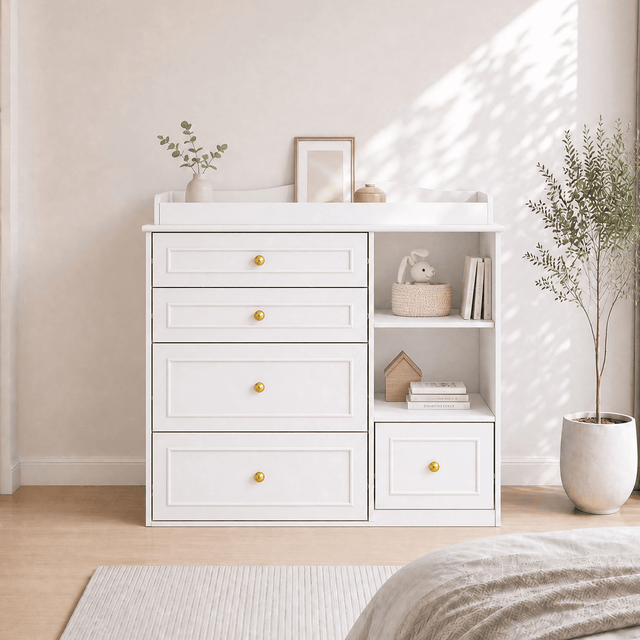 Natural Oak Finish Nursery Changing Table Dresser with 5 Drawers