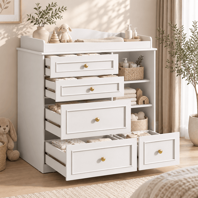 Natural Oak Finish Nursery Changing Table Dresser with 5 Drawers