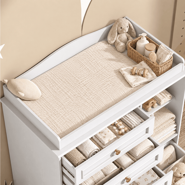 Natural Oak Finish Nursery Changing Table Dresser with 5 Drawers