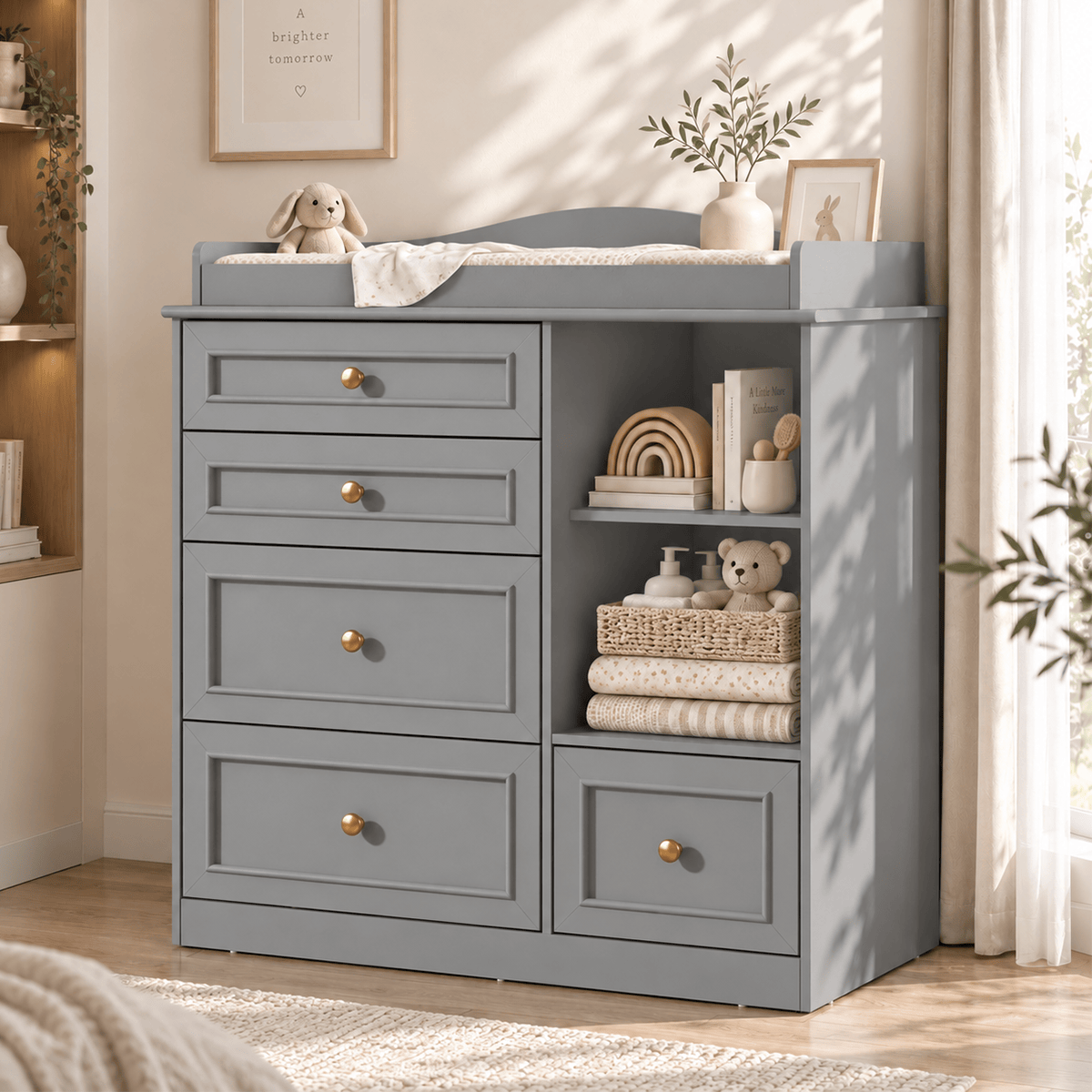Natural Oak Finish Nursery Changing Table Dresser with 5 Drawers