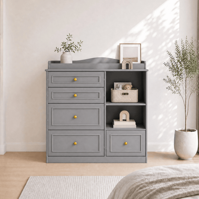 Natural Oak Finish Nursery Changing Table Dresser with 5 Drawers