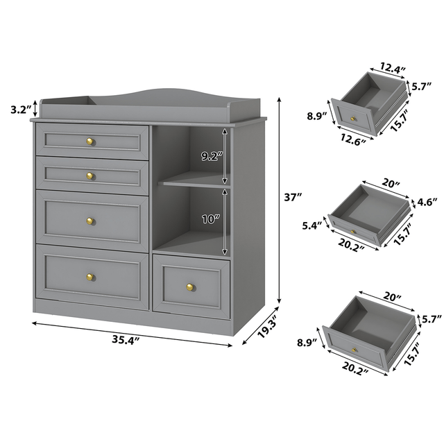 Natural Oak Finish Nursery Changing Table Dresser with 5 Drawers