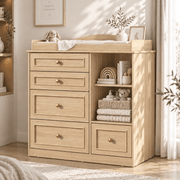 Natural Oak Finish Nursery Changing Table Dresser with 5 Drawers
