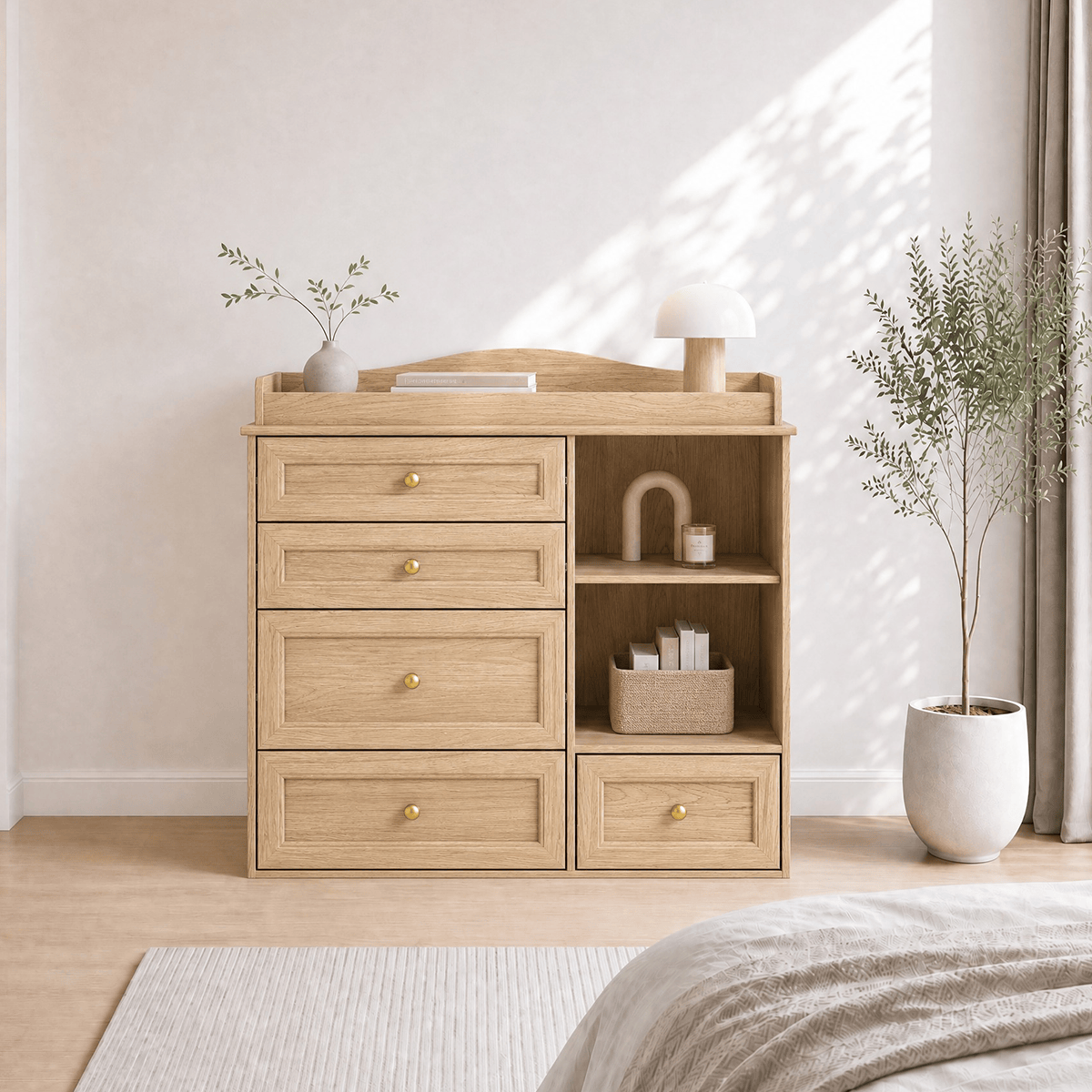 Natural Oak Finish Nursery Changing Table Dresser with 5 Drawers