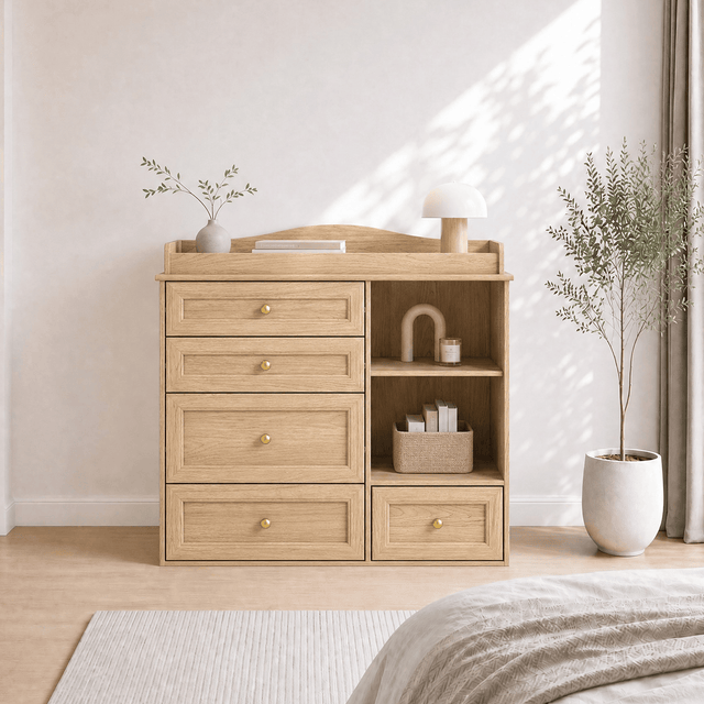 Natural Oak Finish Nursery Changing Table Dresser with 5 Drawers