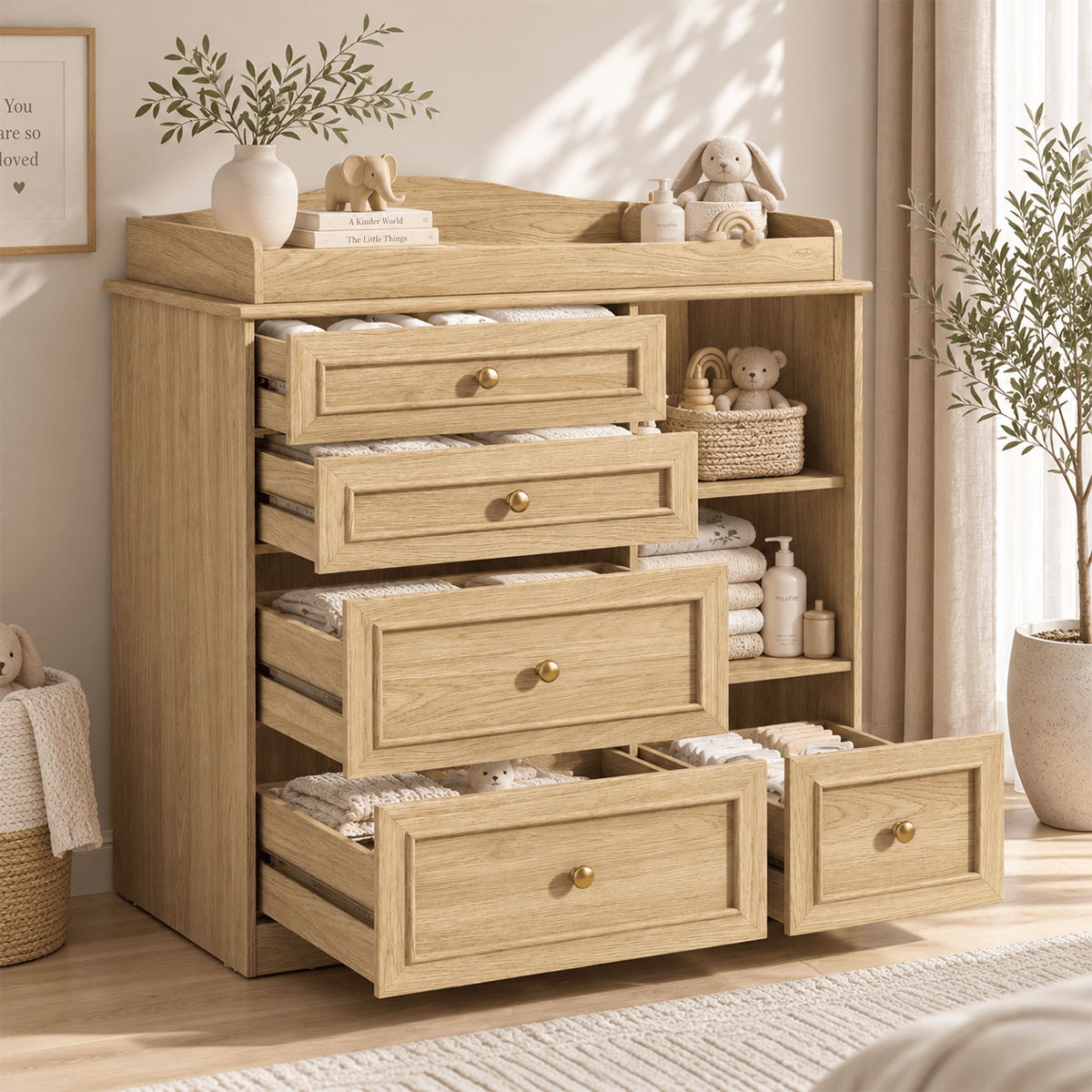 Natural Oak Finish Nursery Changing Table Dresser with 5 Drawers