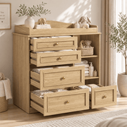 Natural Oak Finish Nursery Changing Table Dresser with 5 Drawers