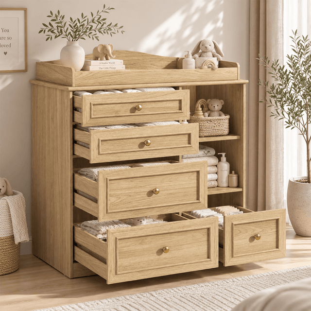 Natural Oak Finish Nursery Changing Table Dresser with 5 Drawers