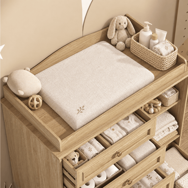 Natural Oak Finish Nursery Changing Table Dresser with 5 Drawers