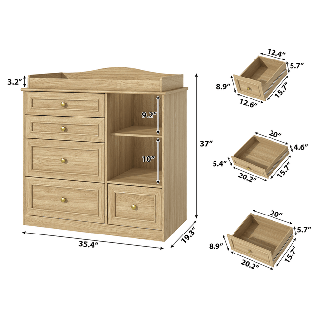 Natural Oak Finish Nursery Changing Table Dresser with 5 Drawers