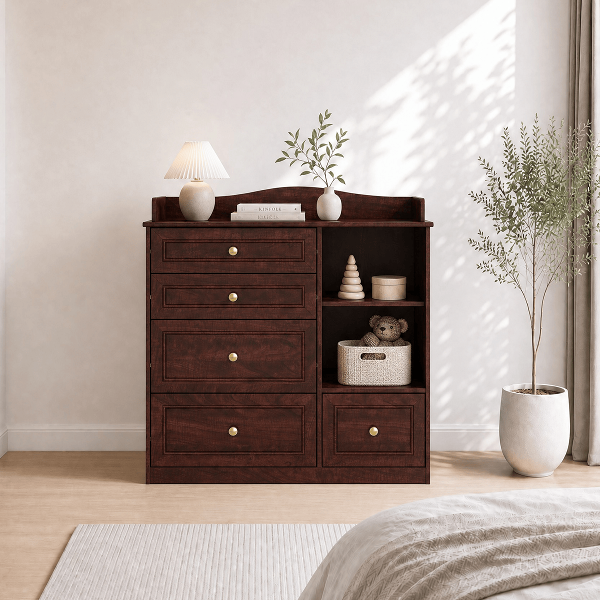 Natural Oak Finish Nursery Changing Table Dresser with 5 Drawers
