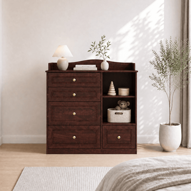 Natural Oak Finish Nursery Changing Table Dresser with 5 Drawers