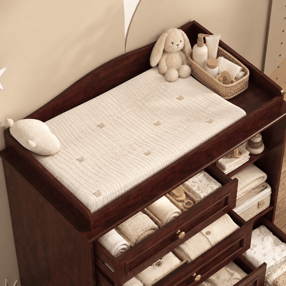 Natural Oak Finish Nursery Changing Table Dresser with 5 Drawers