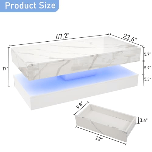 39.4"/ 47.2" Coffee Table Modern LED with Storage 39.4" / White dimension image