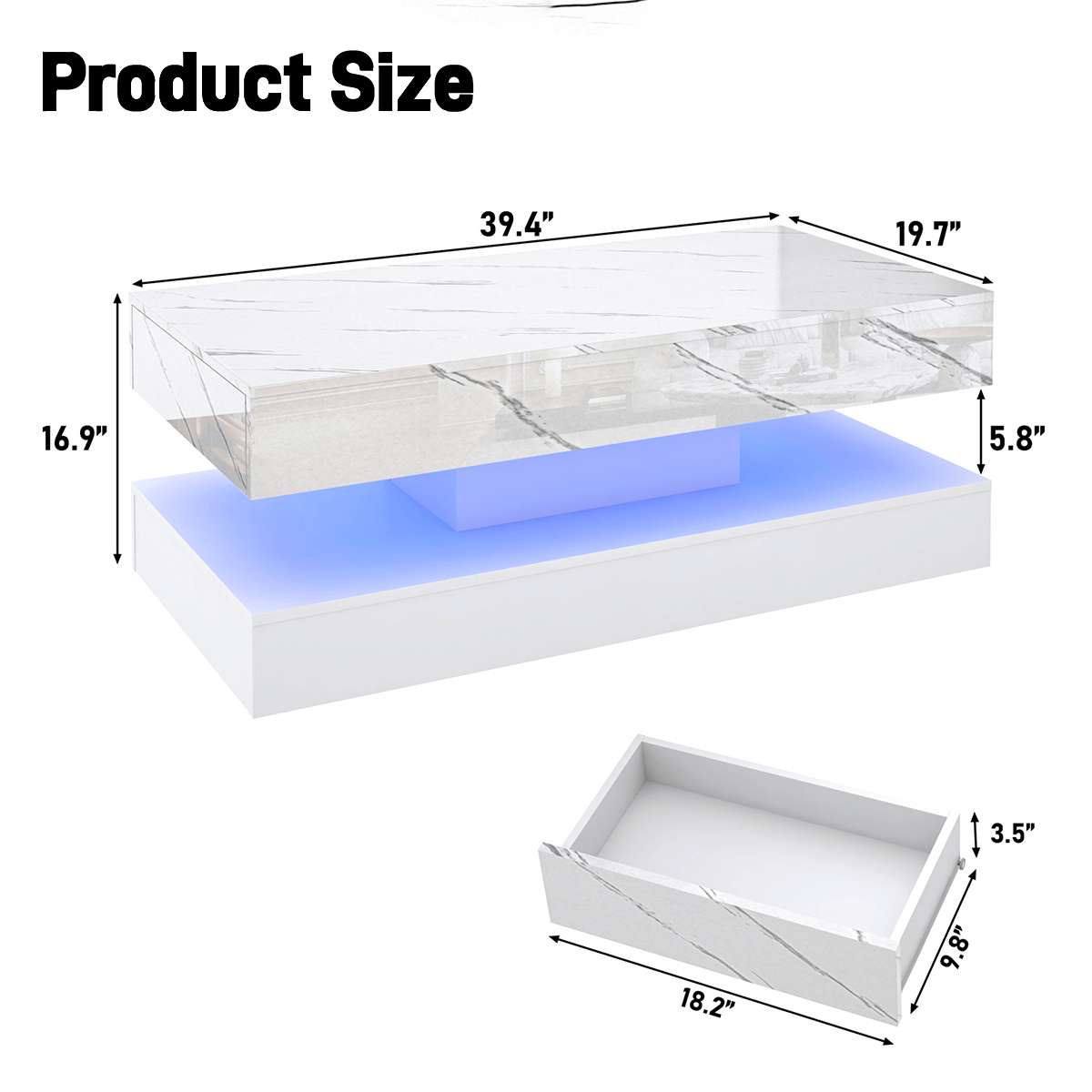 39.4"/ 47.2" Coffee Table Modern LED with Storage