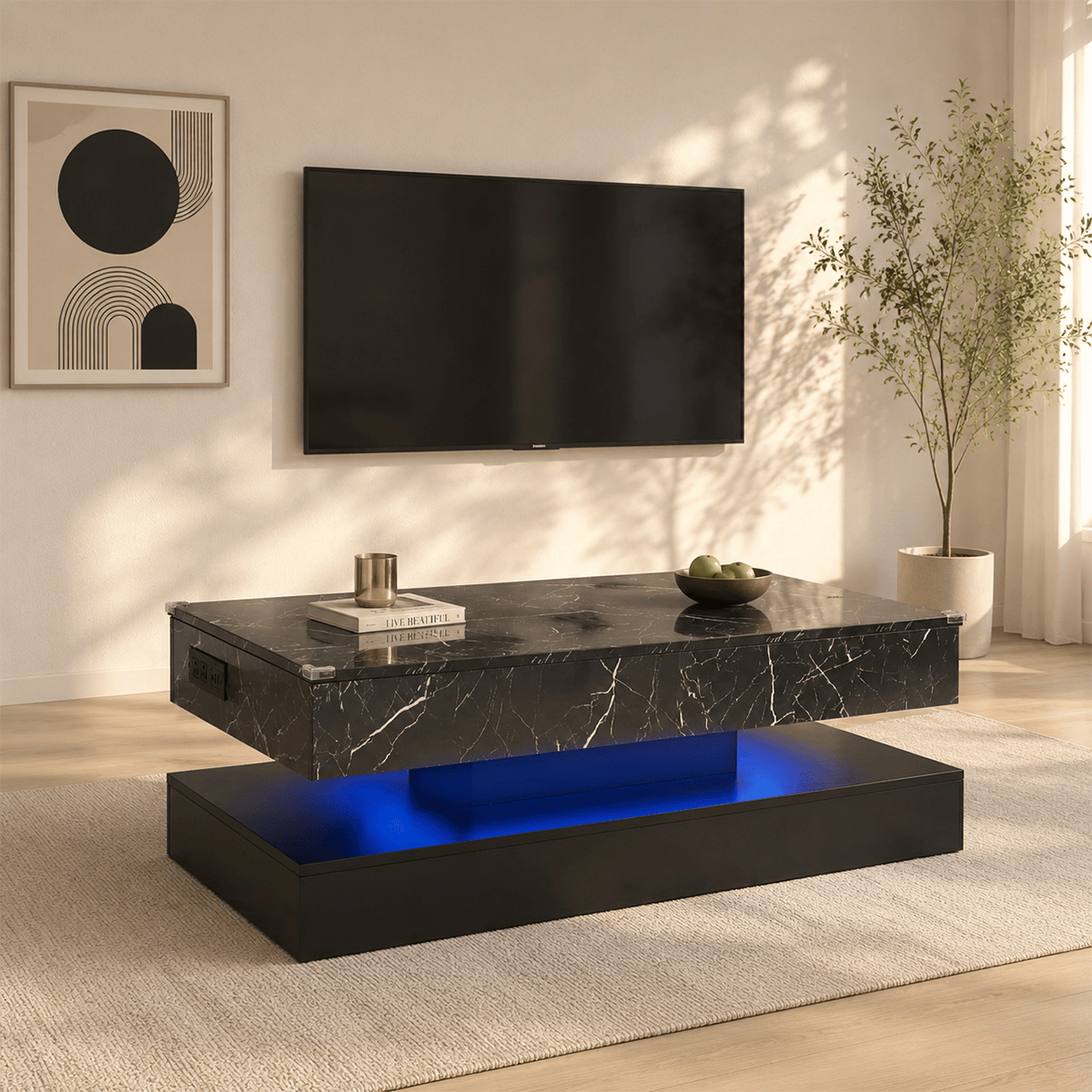 39"/47" Large Lift Top Coffee Table Modern LED with Storage