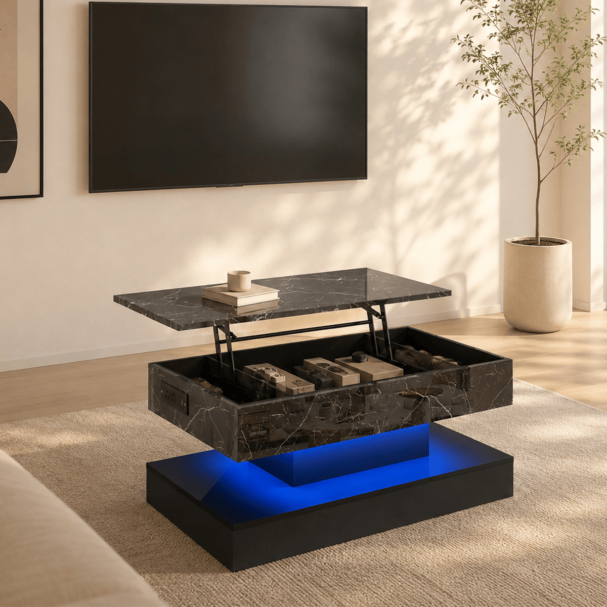 39"/47" Large Lift Top Coffee Table Modern LED with Storage