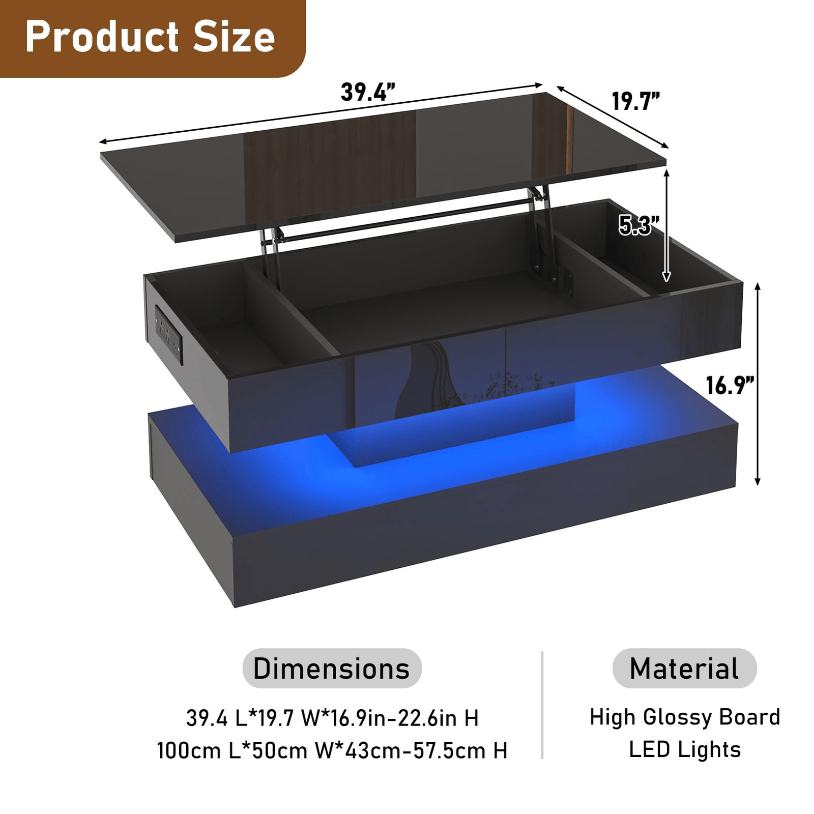 39"/47" Large Lift Top Coffee Table Modern LED with Storage