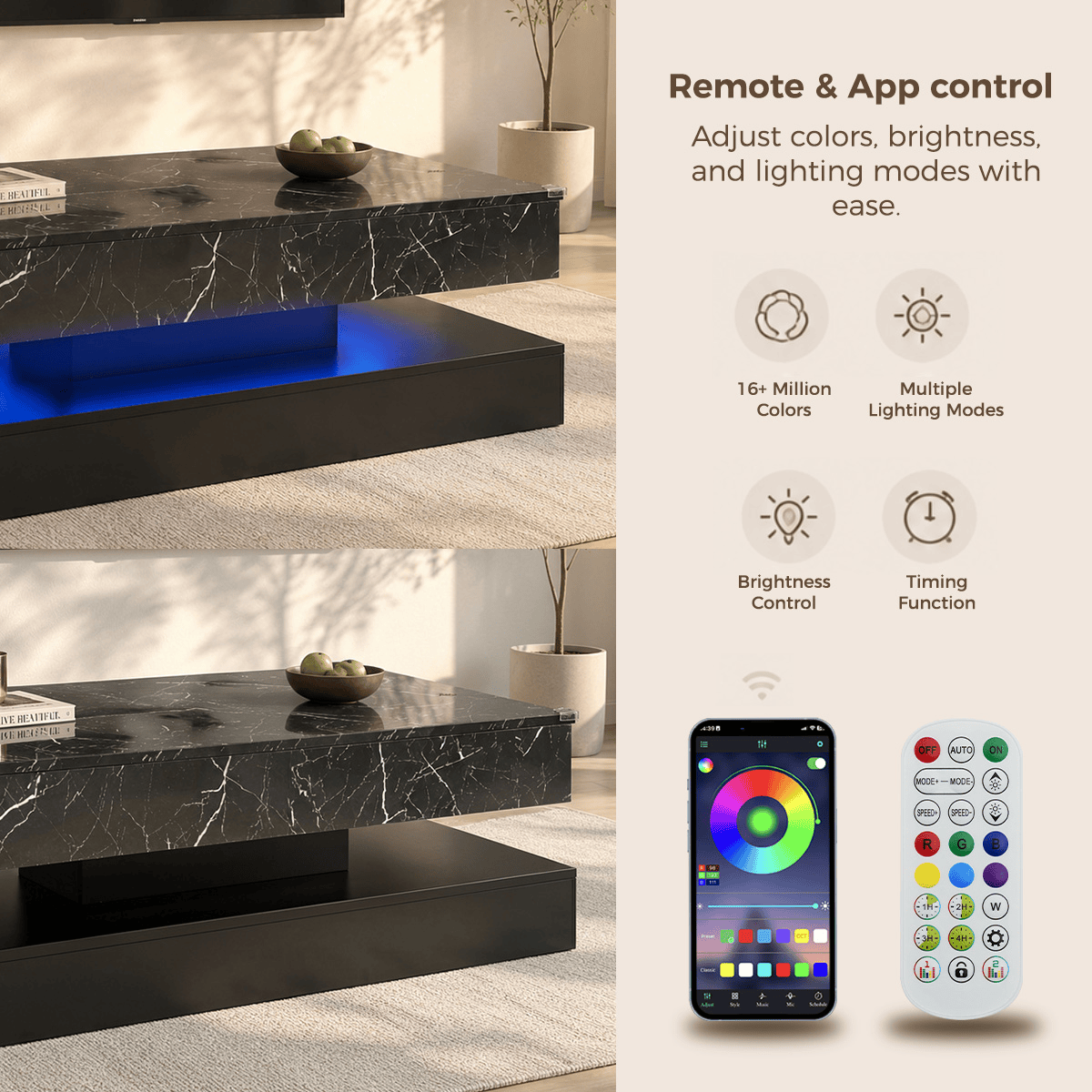 39"/47" Large Lift Top Coffee Table Modern LED with Storage