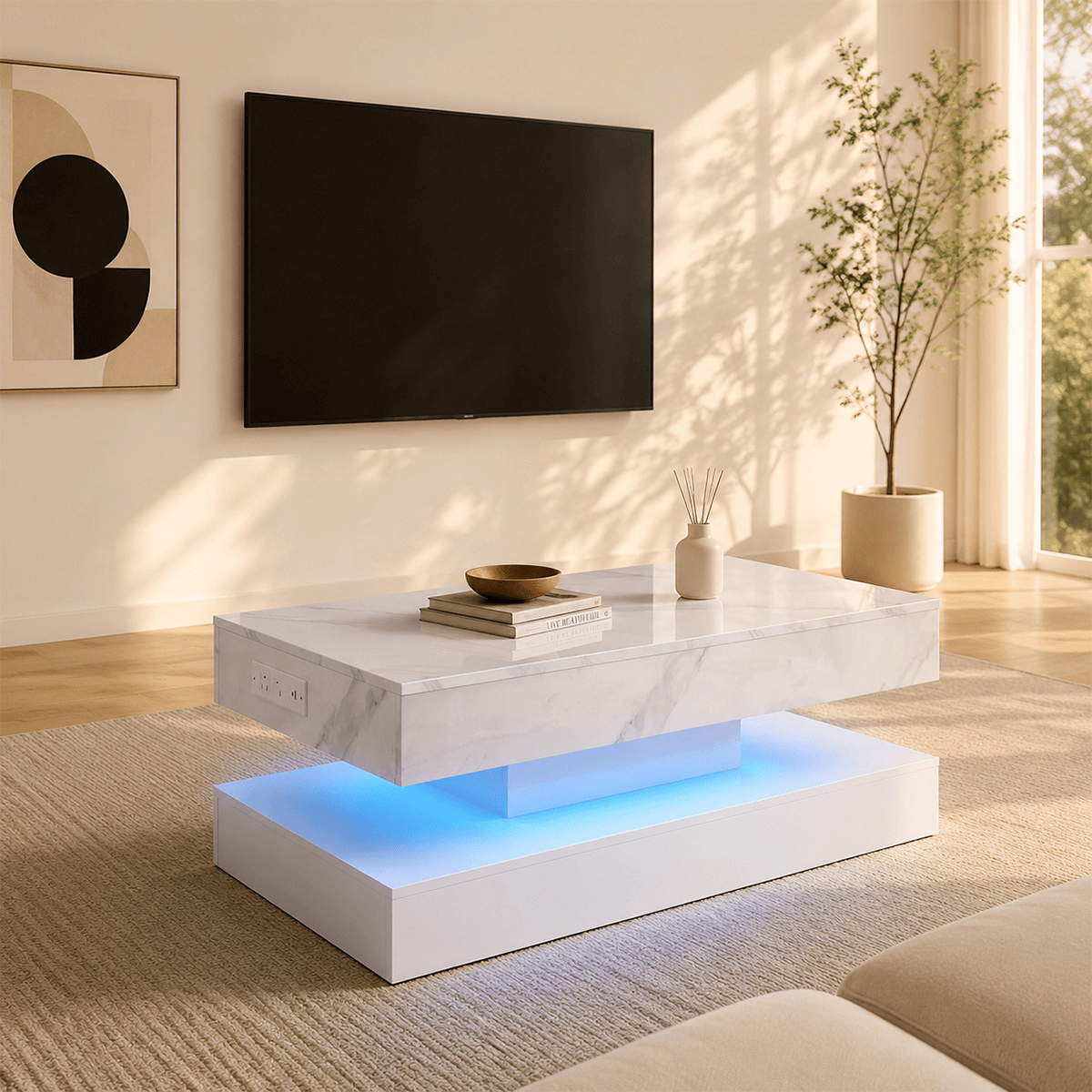 39"/47" Large Lift Top Coffee Table Modern LED with Storage