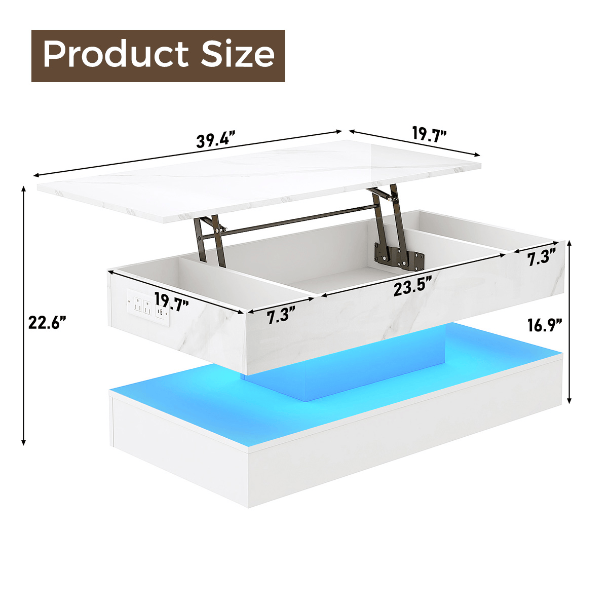 39"/47" Large Lift Top Coffee Table Modern LED with Storage