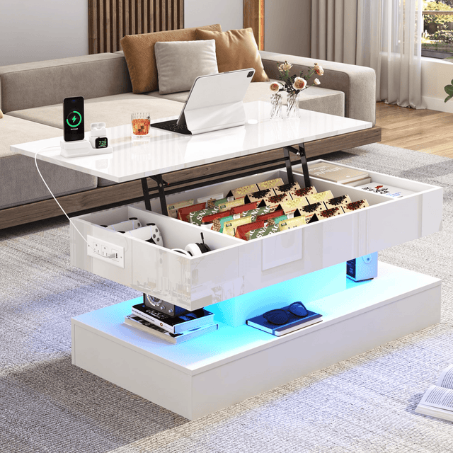 39"/47" Large Lift Top Coffee Table Modern LED with Storage