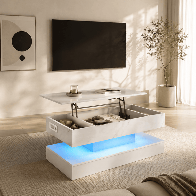 39"/47" Large Lift Top Coffee Table Modern LED with Storage