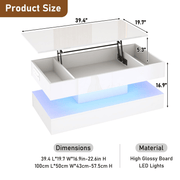 39"/47" Large Lift Top Coffee Table Modern LED with Storage