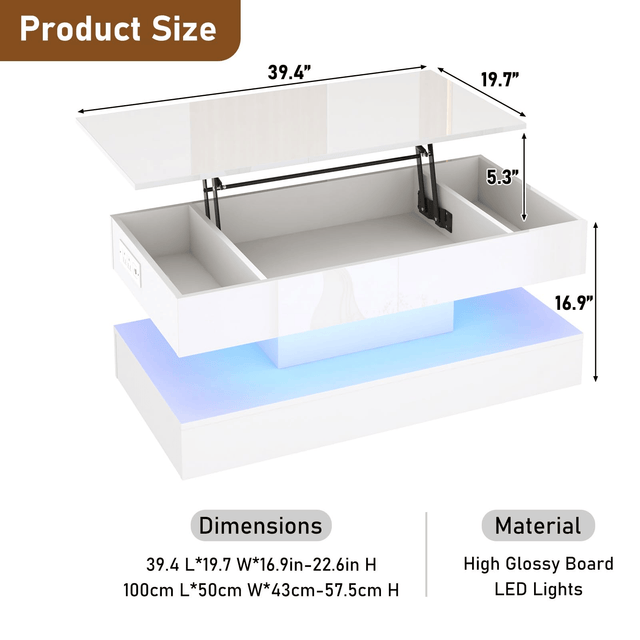 39"/47" Large Lift Top Coffee Table Modern LED with Storage