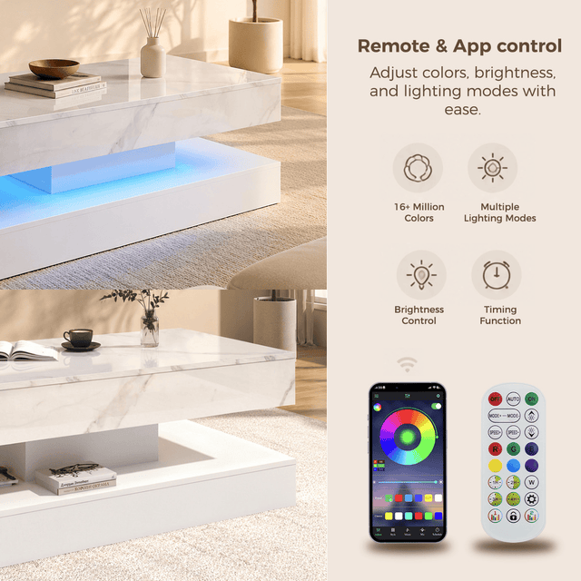 39"/47" Large Lift Top Coffee Table Modern LED with Storage