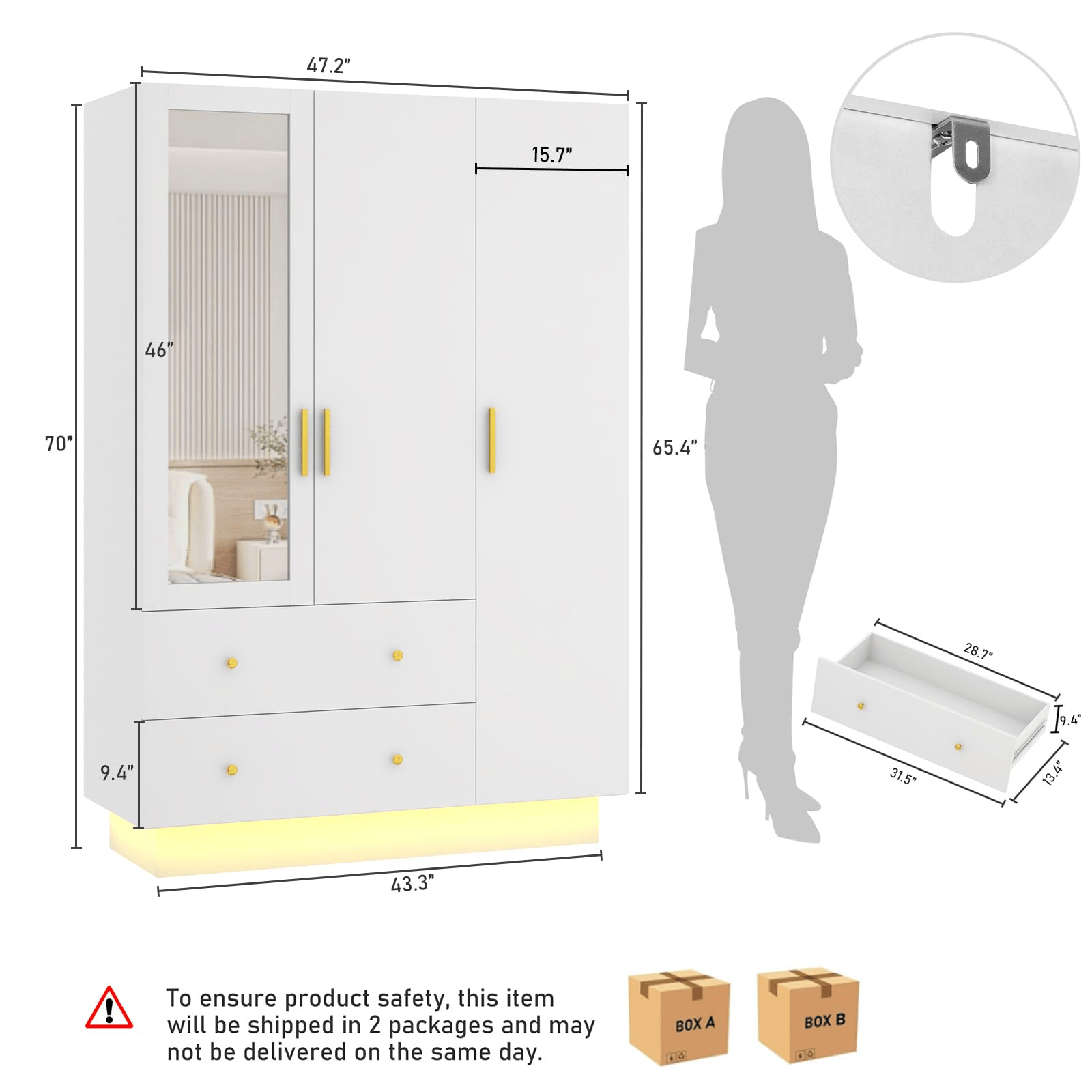 3 Doors Armoire Wardrobe Closet Freestanding