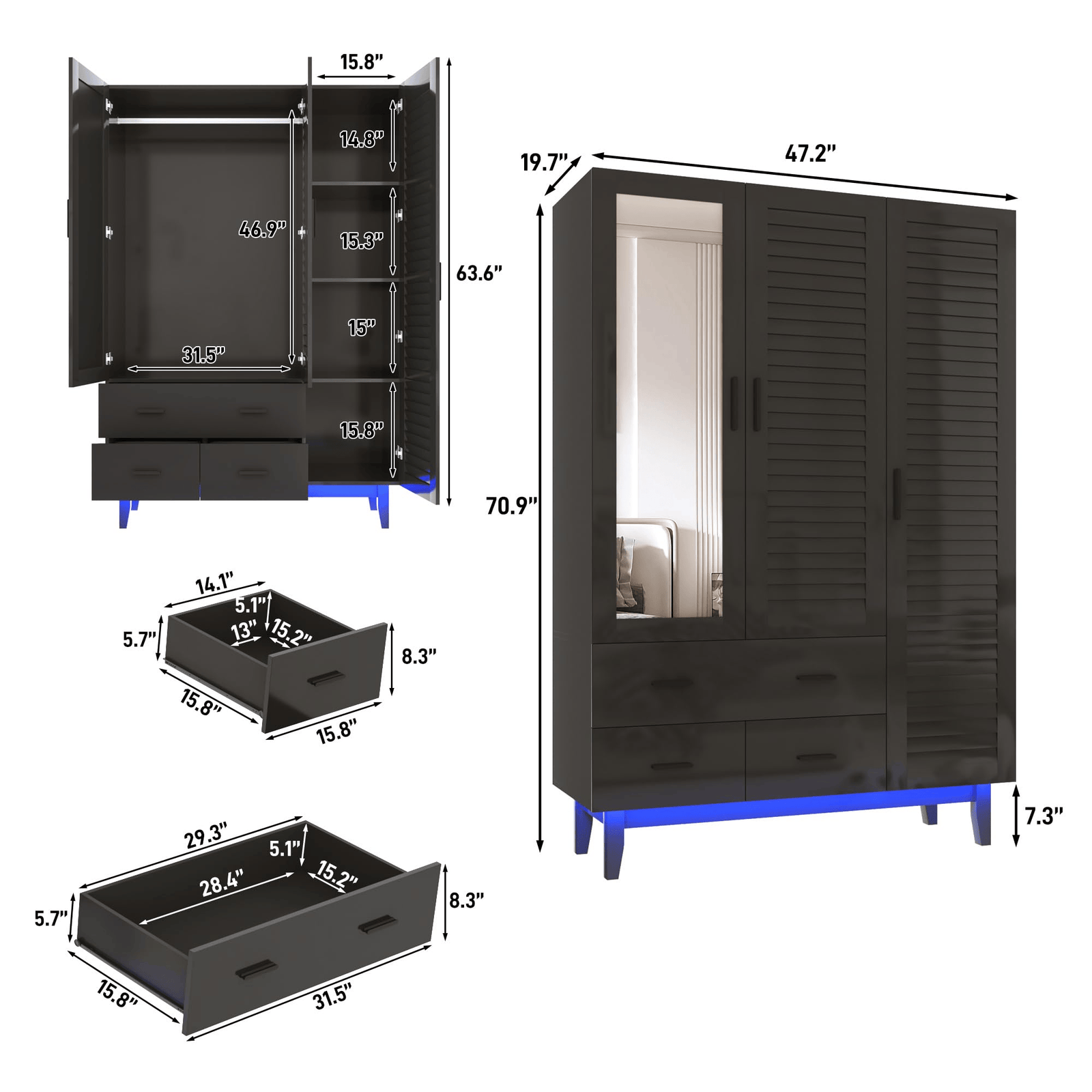 2/ 3/ 4 Doors Armoire Wardrobe Closet Freestanding