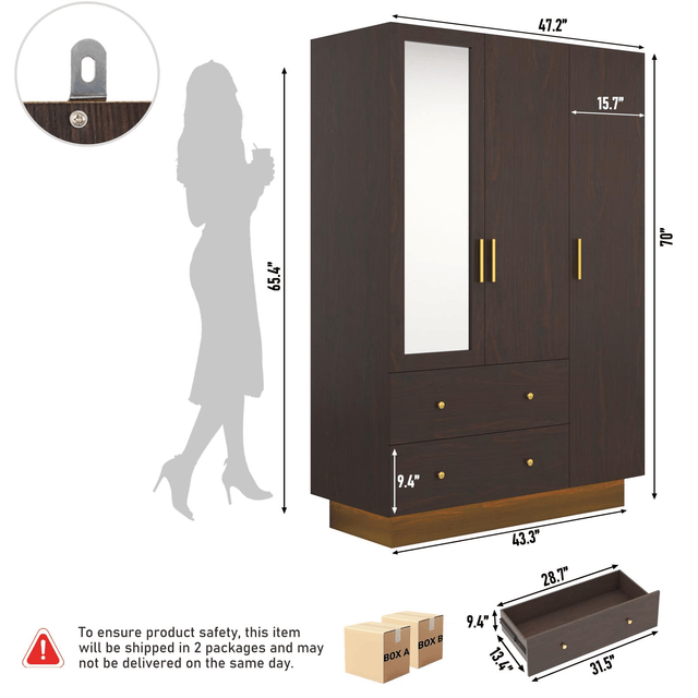 3 Doors Armoire Wardrobe Closet Freestanding