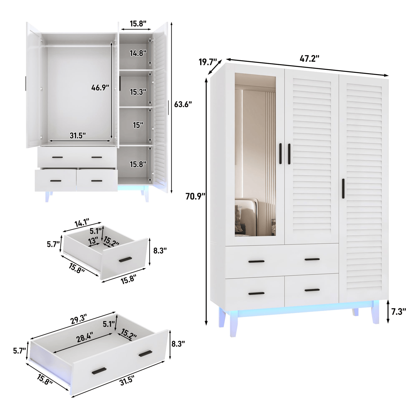 2/ 3/ 4 Doors Armoire Wardrobe Closet Freestanding