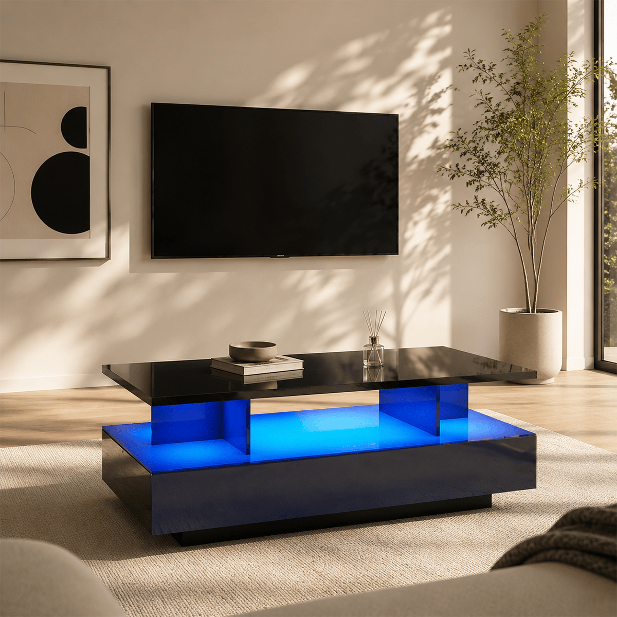 43" Large Coffee Table Modern LED with Storage Drawers