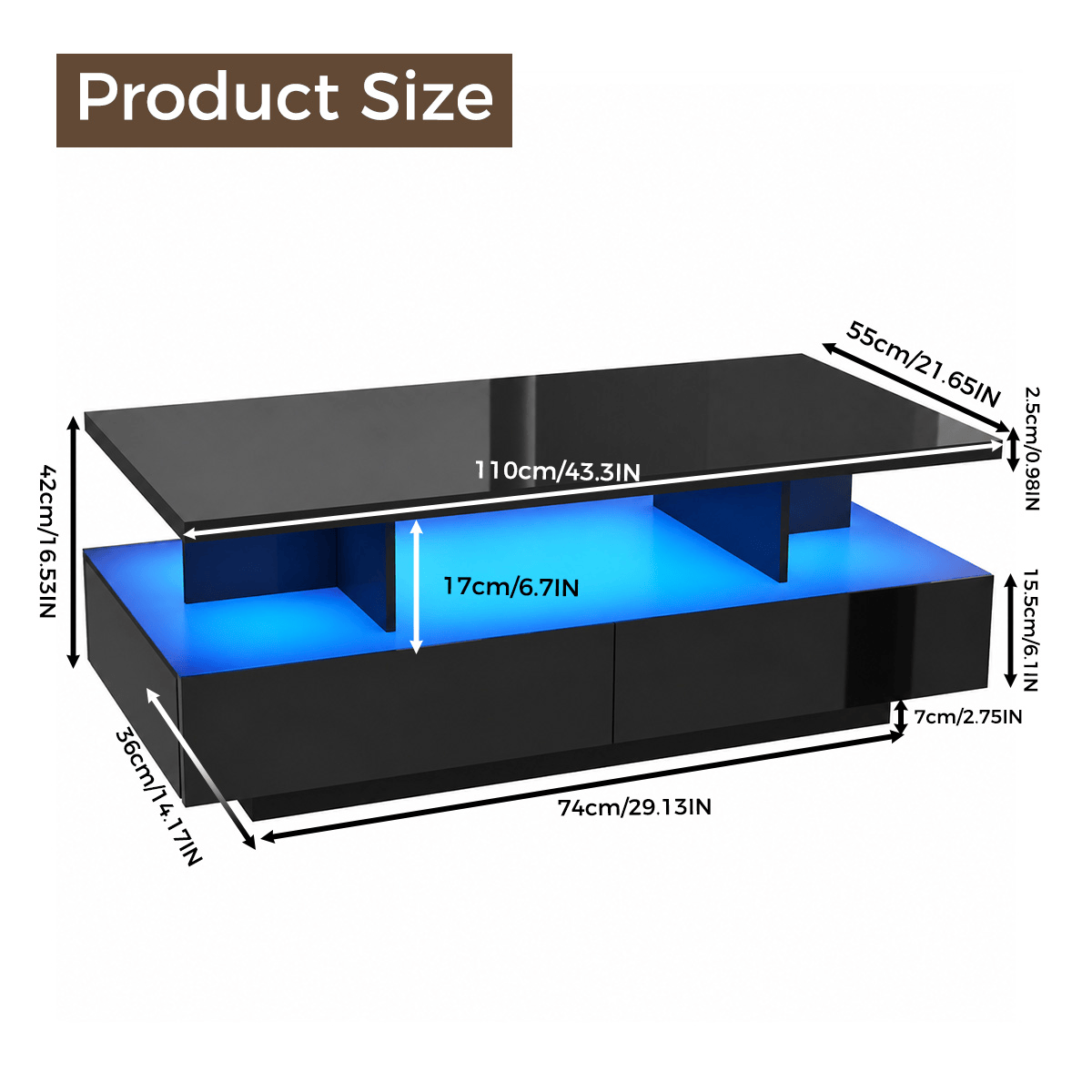 43" Large Coffee Table Modern LED with Storage Drawers Default Title dimension image