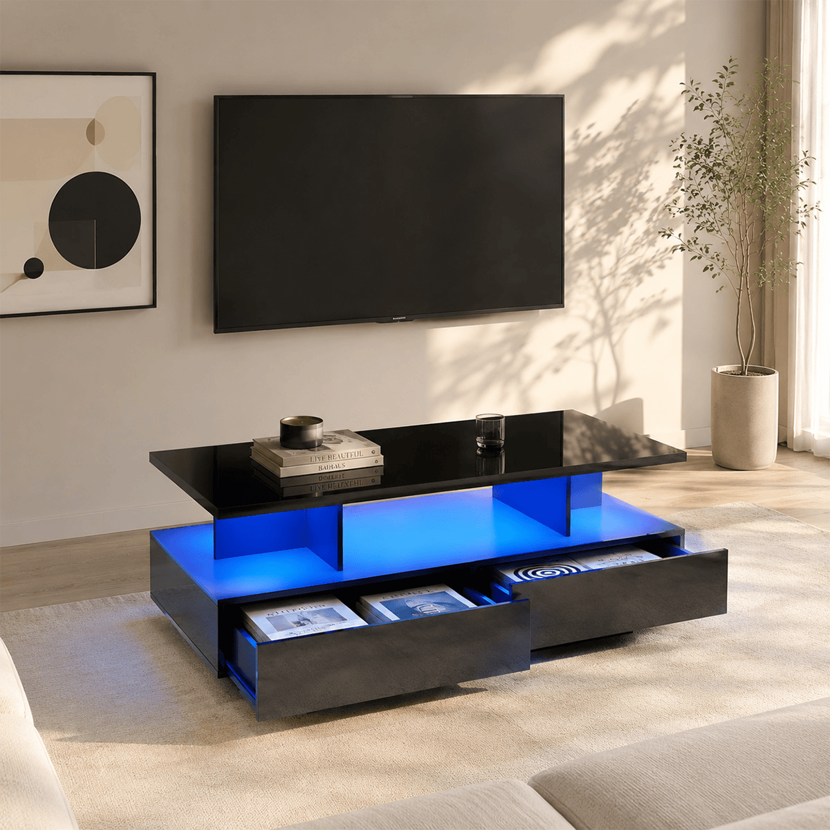 43" Large Coffee Table Modern LED with Storage Drawers