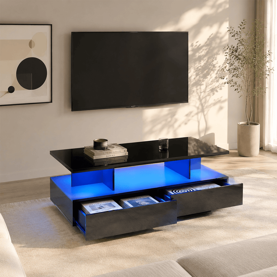 43" Large Coffee Table Modern LED with Storage Drawers
