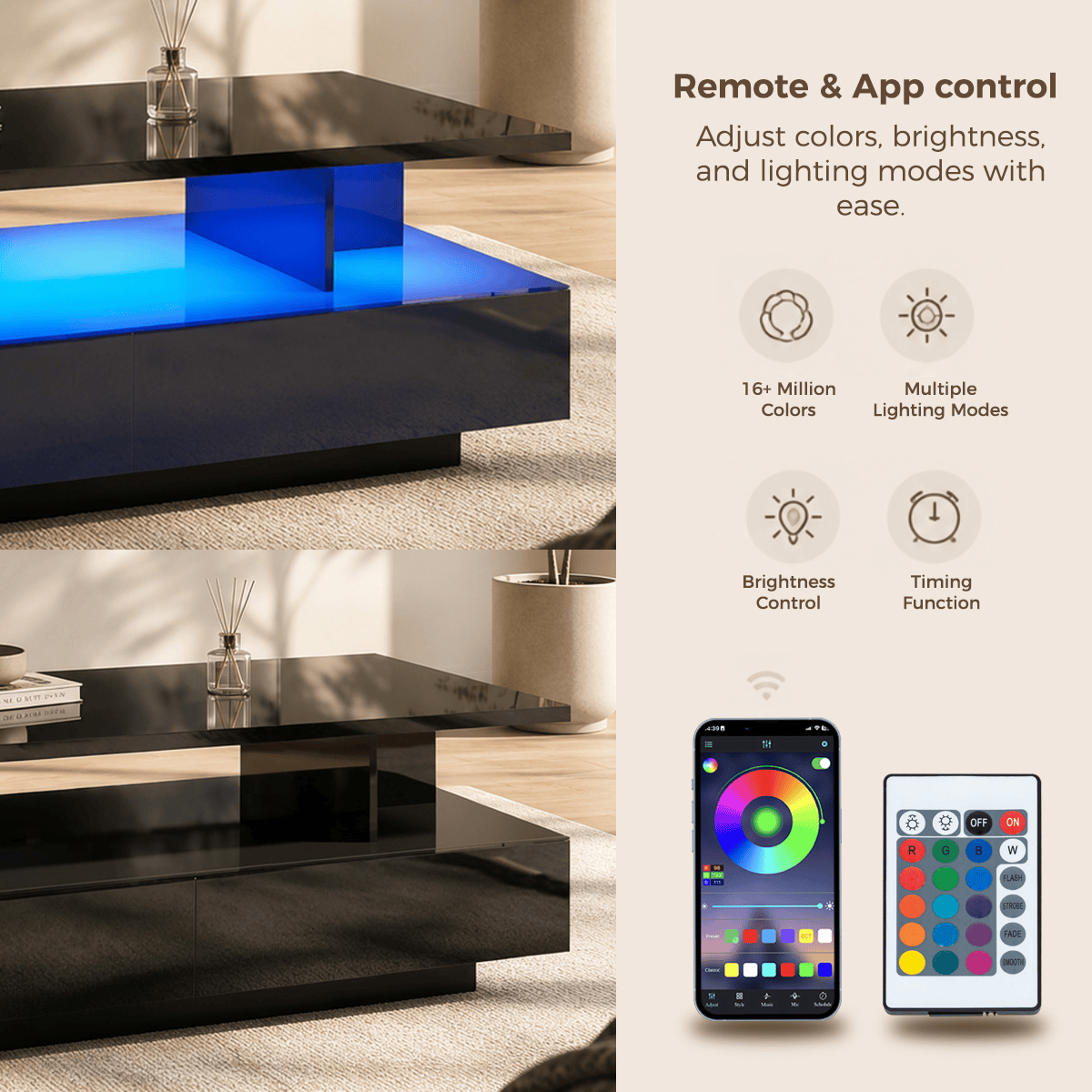 43" Large Coffee Table Modern LED with Storage Drawers