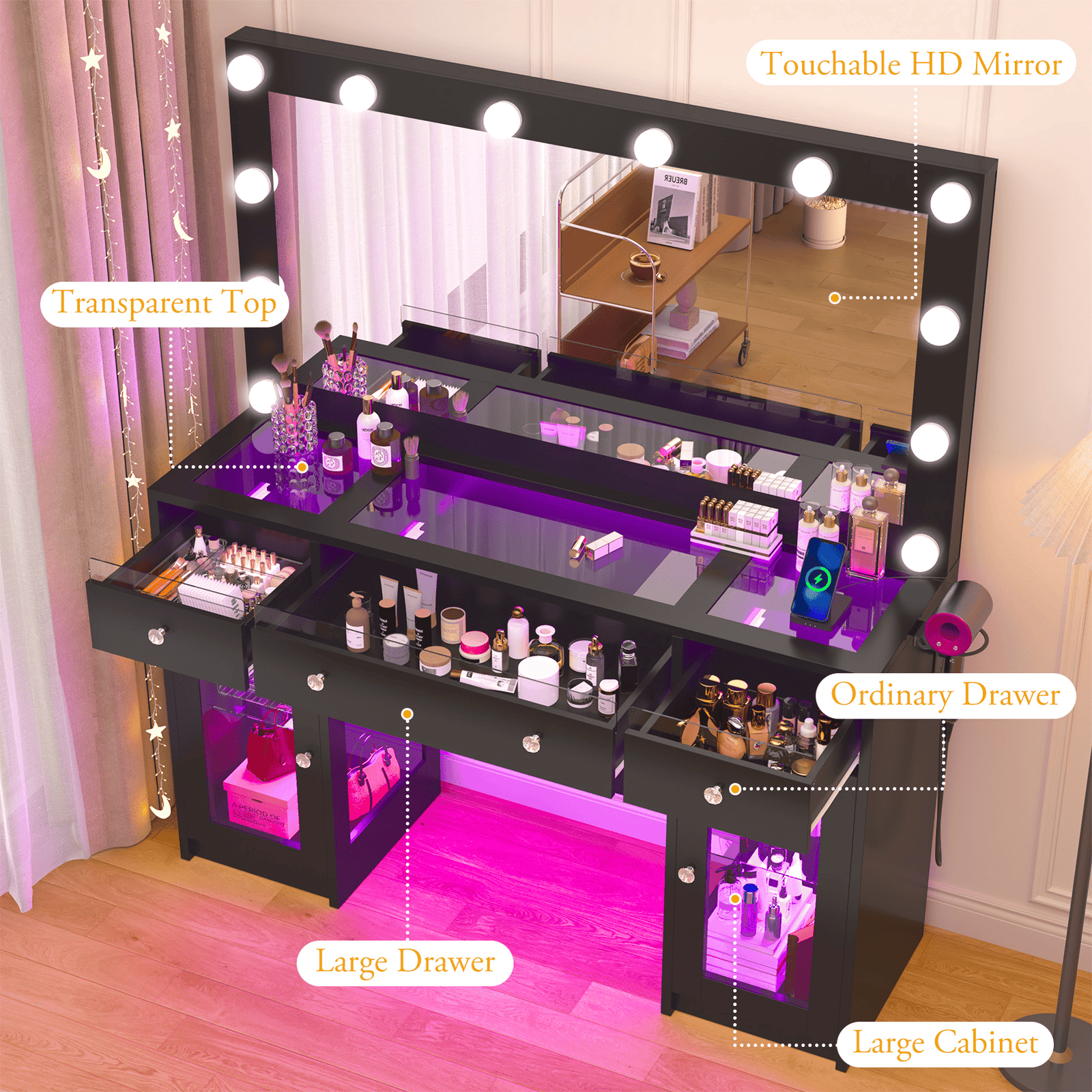 47.2" Large Modern Makeup Vanity Desk with LED Mirror and Lights