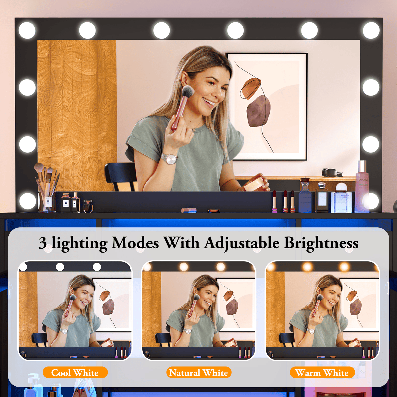47.2" Large Modern Makeup Vanity Desk with LED Mirror and Lights