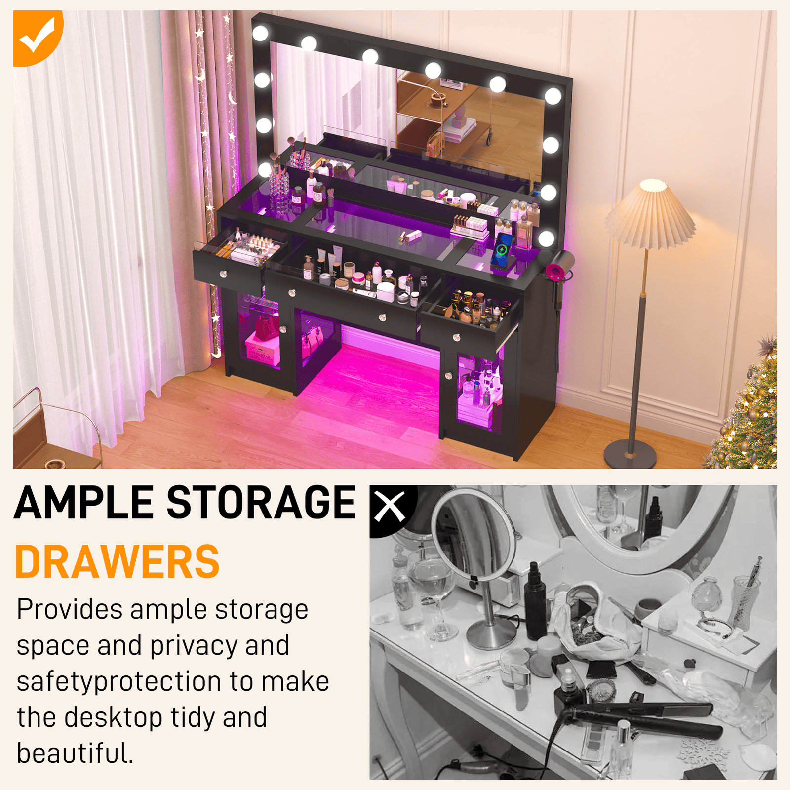47.2" Large Modern Makeup Vanity Desk with LED Mirror and Lights