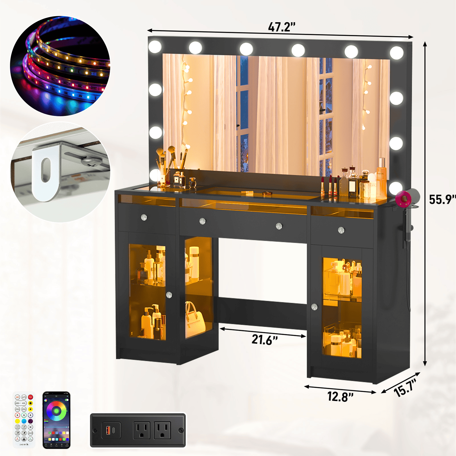 47.2" Large Modern Makeup Vanity Desk with LED Mirror and Lights