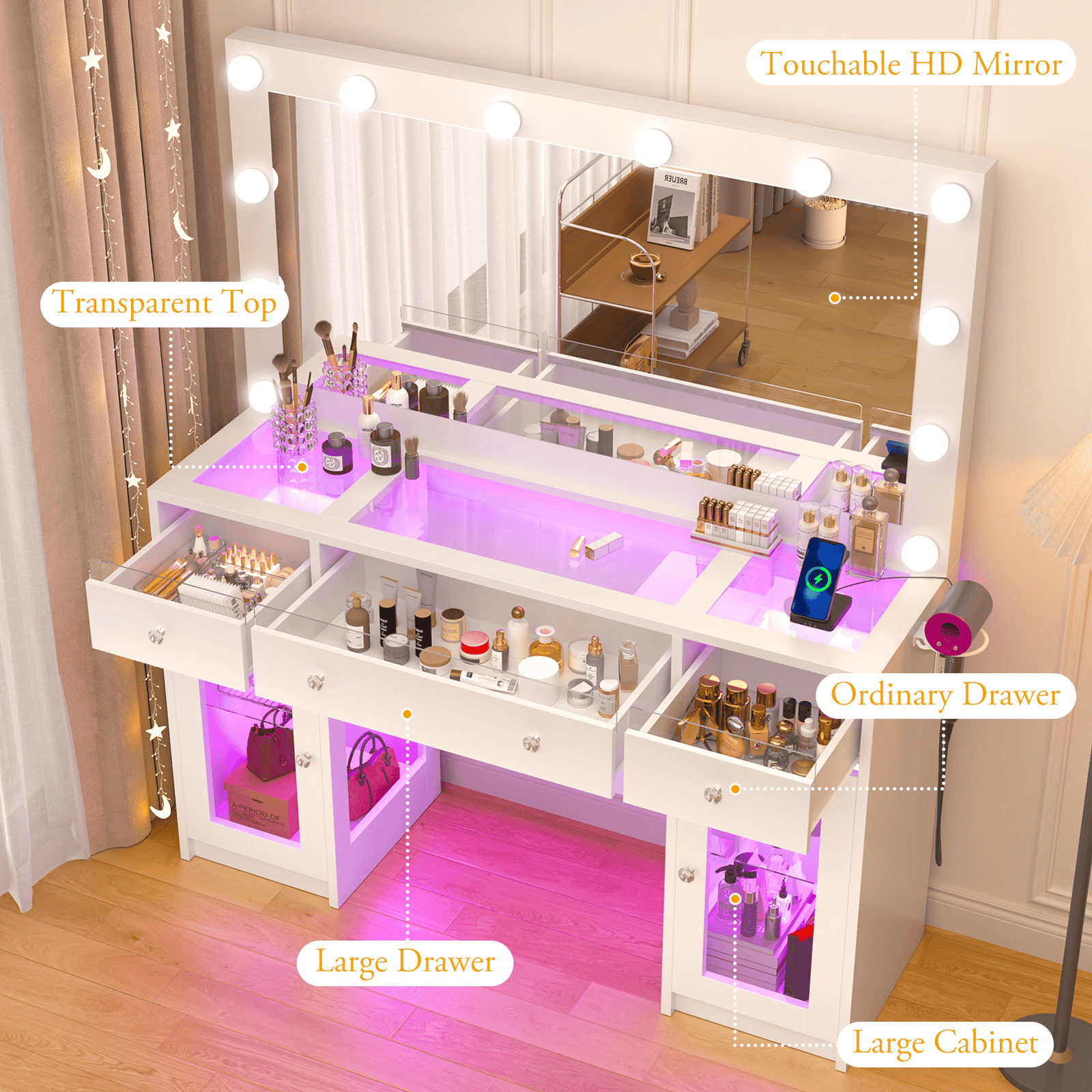 47.2" Large Modern Makeup Vanity Desk with LED Mirror and Lights