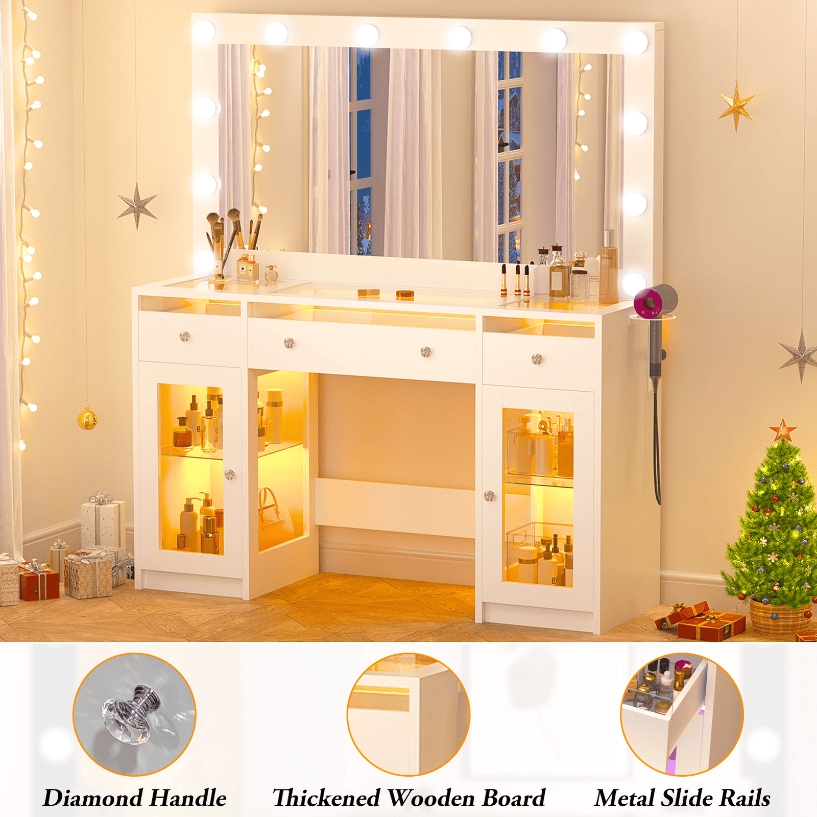 47.2" Large Modern Makeup Vanity Desk with LED Mirror and Lights