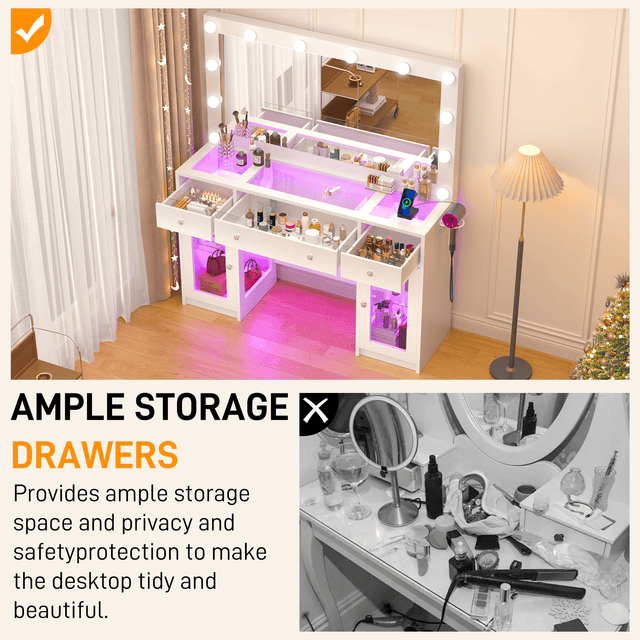 47.2" Large Modern Makeup Vanity Desk with LED Mirror and Lights