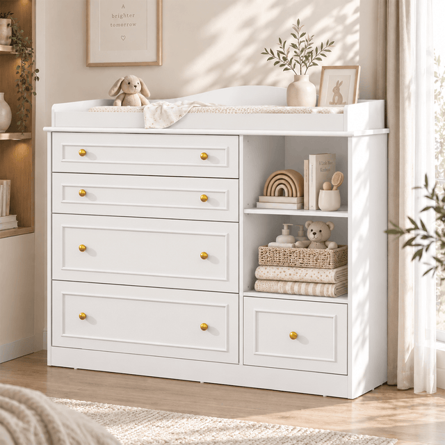 Natural Oak Finish Nursery Changing Table Dresser with 5 Drawers